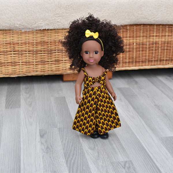 Black Doll in African Print Dress - Black Curly Hair doll - African Doll - Black Baby doll - Mix Race doll