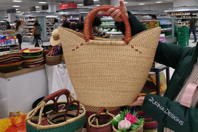 Ghana Extra outlet Large Hand Woven Purple Pink Grass Pot Leather Basket