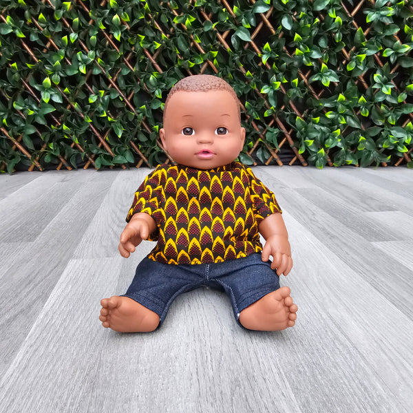 Black baby boy doll in African Print Shirt - Kwasi