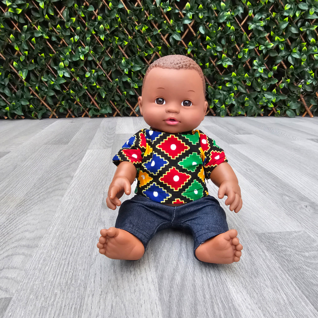 Black baby boy doll in African Print Shirt - Kanelo