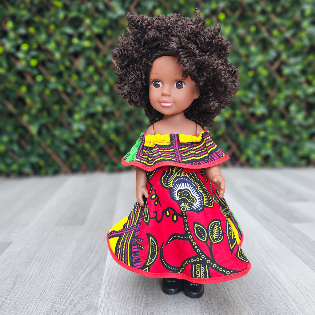 Black Doll - Afro Hair doll - Black Doll in African Print Dress - Nevaeh