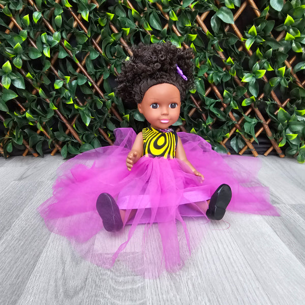 Black Doll - Afro Hair doll - Black Doll in African Print Dress - Yumna