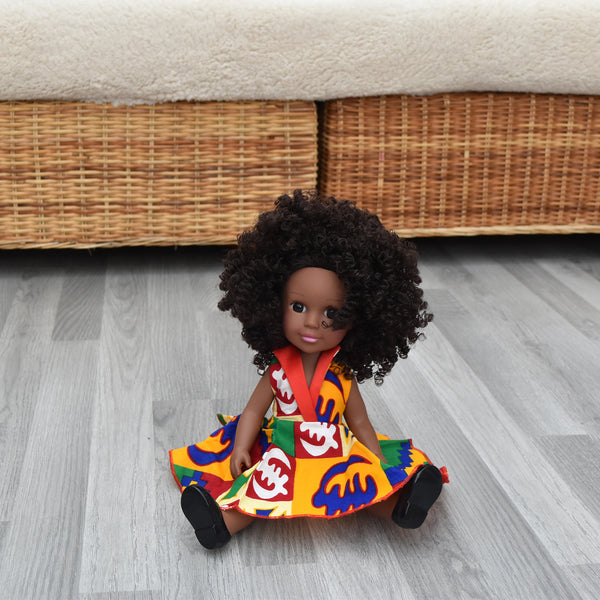 Black Doll in African Print Dress - Black Curly Hair doll - African Doll - Black Baby doll - Mix Race doll